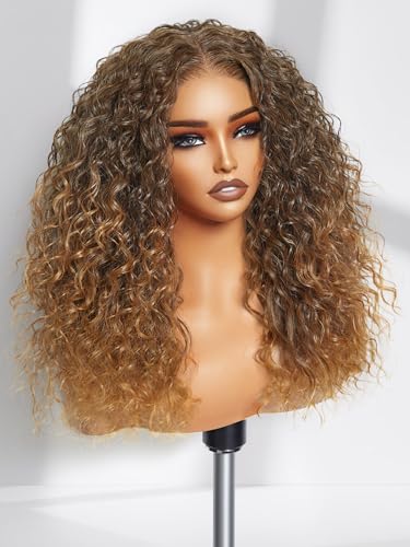 GORGIUS Ombre Brown Curly Lace Front Wig Glueless Pre Cut Middle Parted Closure Wig Dark Brown Mix Blonde Highlight Synthetic Wig Upgraded with Premium HumanHairLike Fiber 20 Inch Color 227 - Image 1