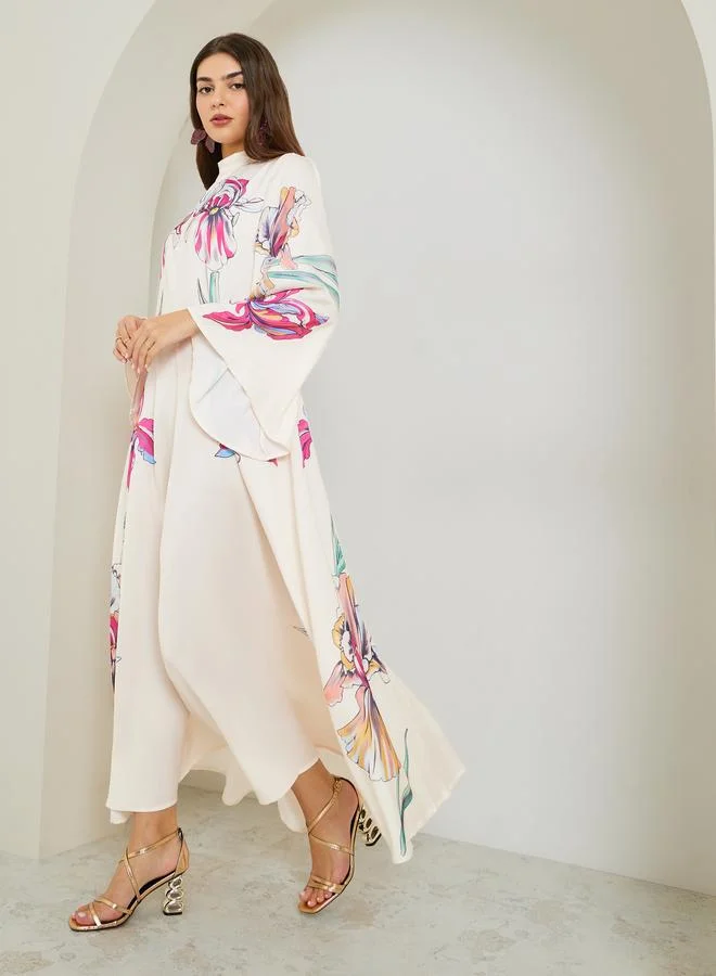 Cream Floral Jalabiya with Back Bow Detail