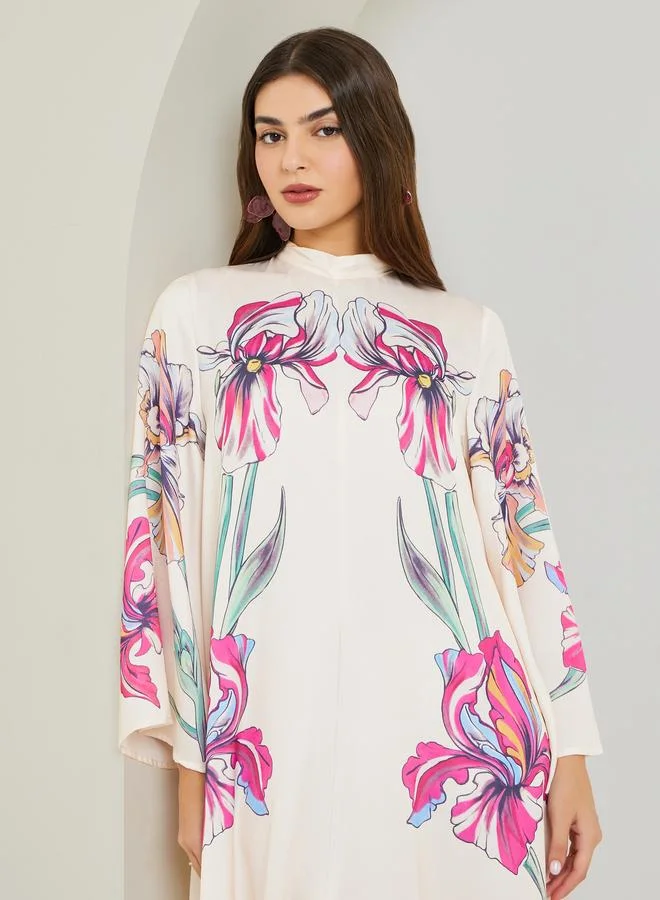 Amirah Cream Floral Jalabiya with Back Bow Detail