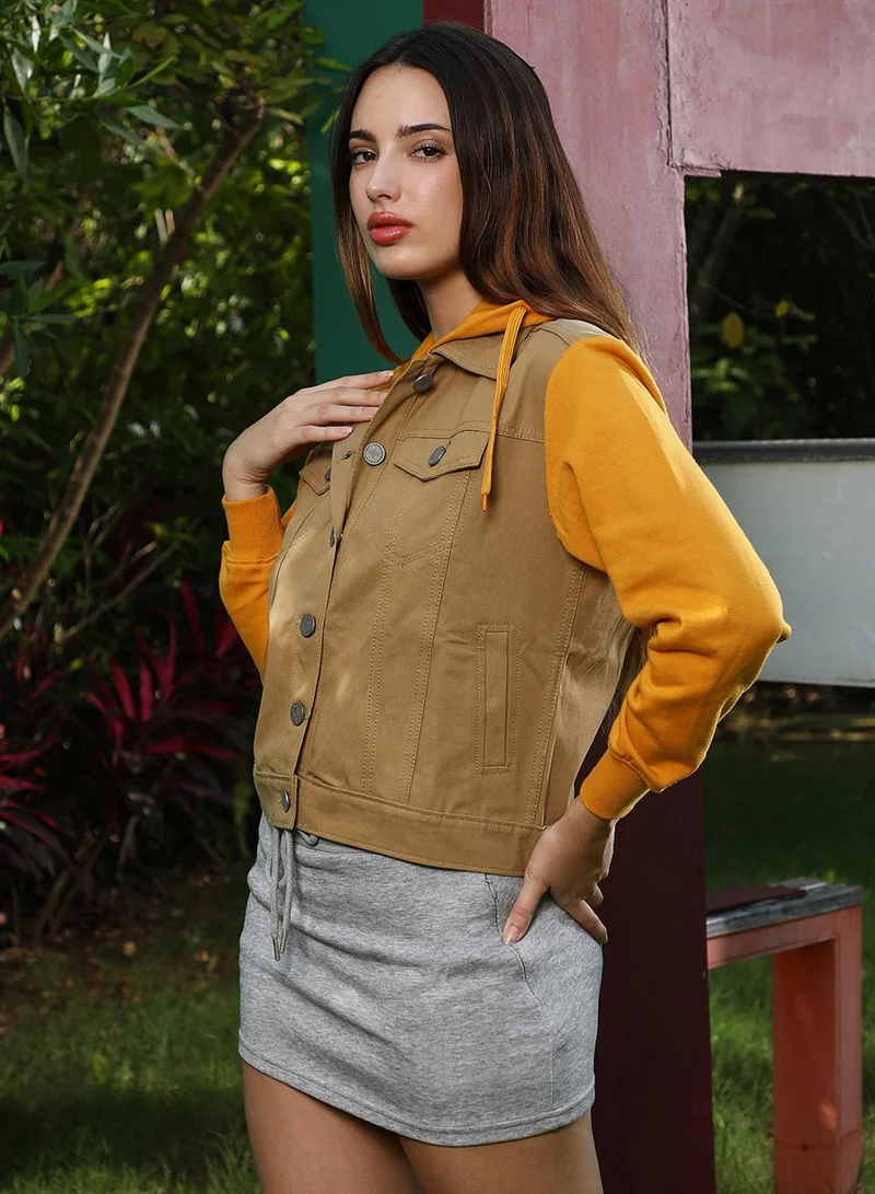 Campus Sutra Women's Khaki Brown & Mustard Yellow Dark-Wash Block Denim Jacket For Casual Wear | Hooded Neck | Long Cuffed Sleeves | Button Closure | Jacket Crafted With Comfort Fit For Everyday Wear