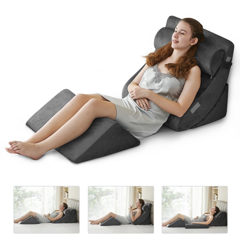 Ganaver Ganaver 4pcs Orthopedic Bed Wedge Pillow Set Post Surgery Relaxing Back Adjustable Head Support Cushion Triangle Memory Foam Pillow for Acid Reflux Sleeping Reading Leg Elevation Snoring