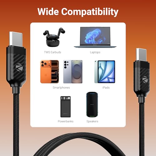 Zebronics Type C - Type C Braided Cable, 60 Watts, Upto 480Mbps Data Sync, Fast Charging, 1 M, Compatible with iPhone 15 & 16 Series, iPad, MacBook, Samsung, Android (Wattz 60CC5, Black) - Image 5