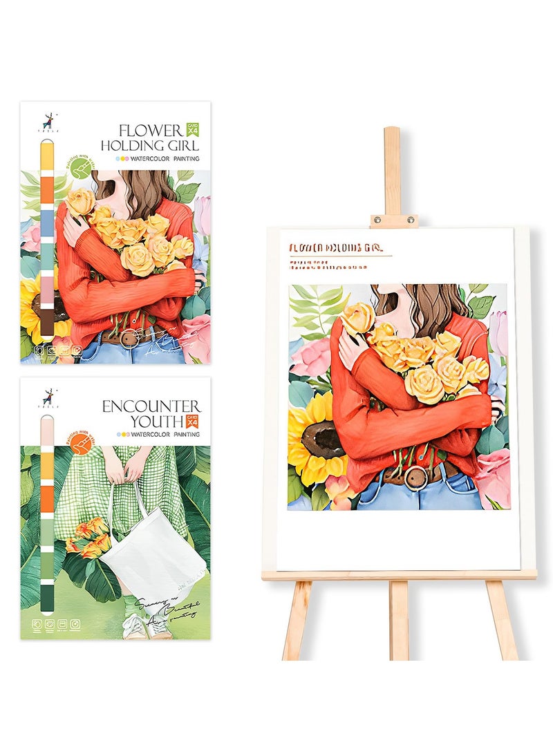 سيوسي مجموعة دفاتر تلوين مائية مكونة من عبوتين، مجموعة ألوان مائية ذاتية الصنع مع فرشاة، 12.4 × 8.8 بوصة، فنون وحرف إبداعية، نشاط رسم للأطفال والكبار - Image 1