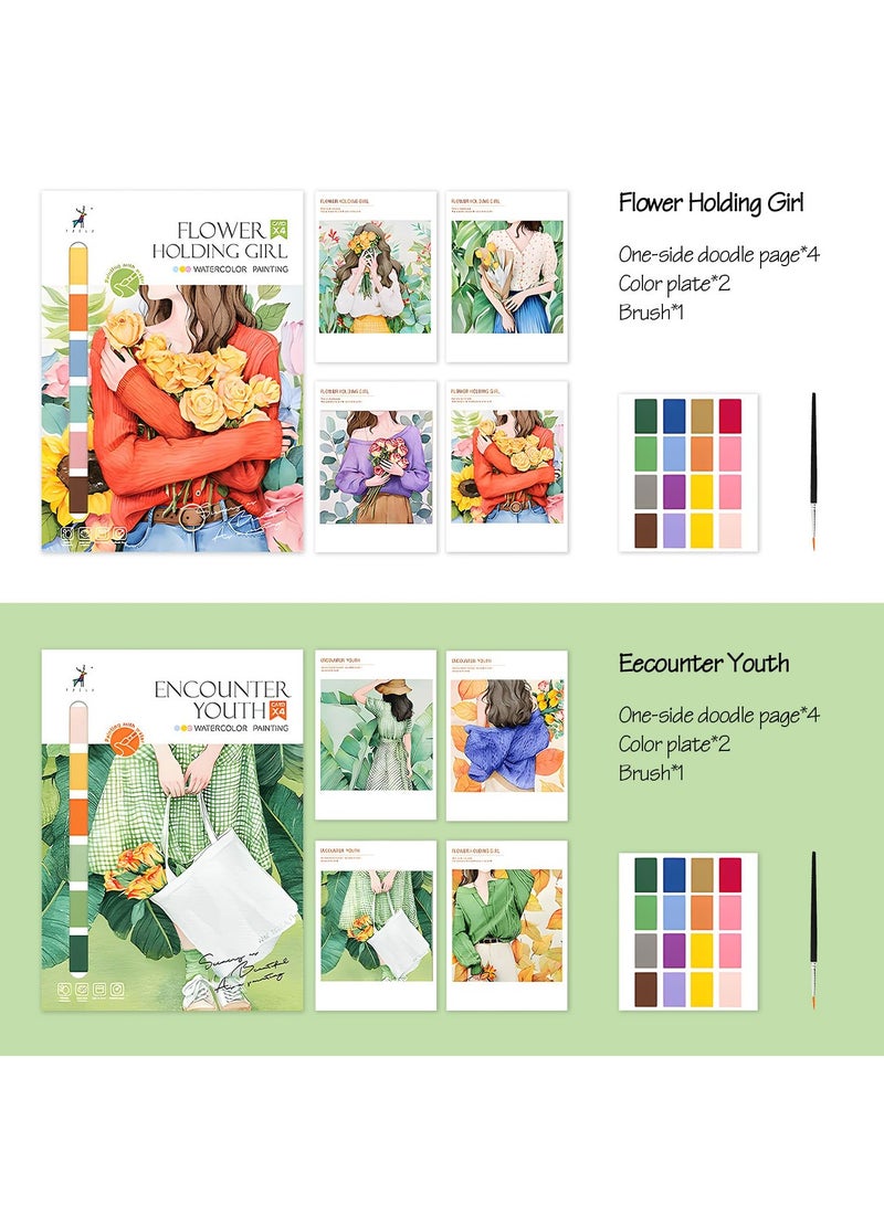 سيوسي مجموعة دفاتر تلوين مائية مكونة من عبوتين، مجموعة ألوان مائية ذاتية الصنع مع فرشاة، 12.4 × 8.8 بوصة، فنون وحرف إبداعية، نشاط رسم للأطفال والكبار - Image 2