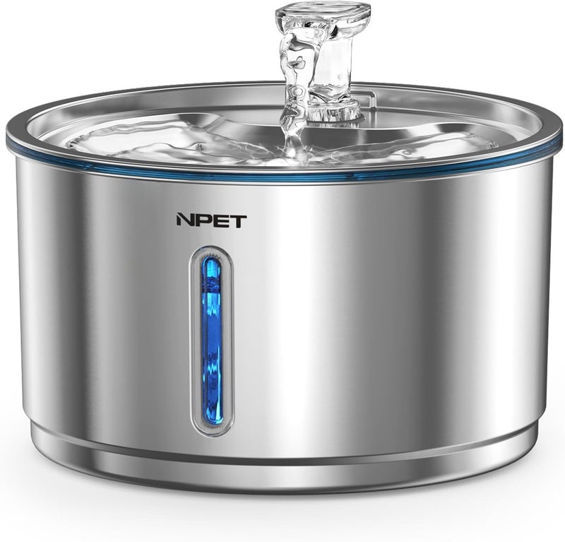 NPET Stainless Steel Cat Water Fountain, 1Gallon/135oz Automatic Pet Drinking Fountain Dog Water Dispenser Bowl with Water Level Window for Cats Indoor - WF210Plus - Image 1