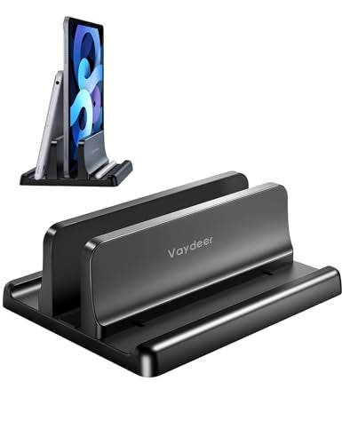 Vaydeer Vertical Laptop Stand Holder Plastic Adjustable Desktop Notebook Dock Space-Saving 3 in 1 for All MacBook Pro Air, Mac, HP, Dell, Microsoft Surface, Lenovo, up to 17.3 inches (Black) - Image 1