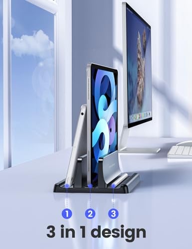 Vaydeer Vertical Laptop Stand Holder Plastic Adjustable Desktop Notebook Dock Space-Saving 3 in 1 for All MacBook Pro Air, Mac, HP, Dell, Microsoft Surface, Lenovo, up to 17.3 inches (Black) - Image 2