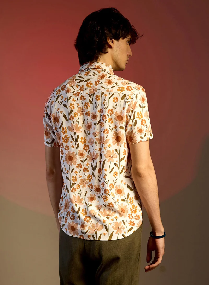 Campus Sutra Men's Orange Flower Shirt