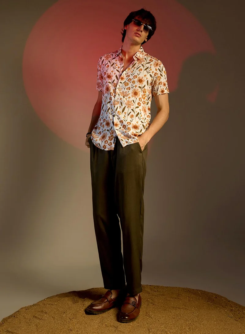 Campus Sutra Men's Orange Flower Shirt