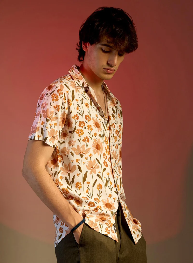 Campus Sutra Men's Orange Flower Shirt