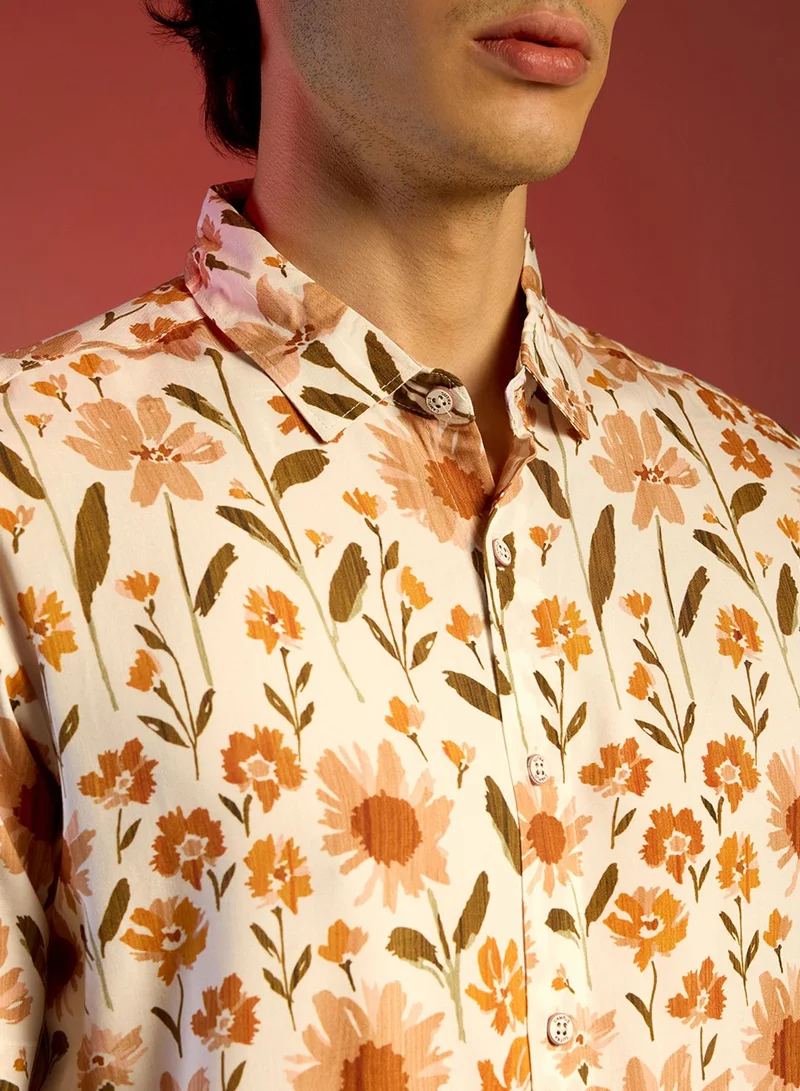 Campus Sutra Men's Orange Flower Shirt