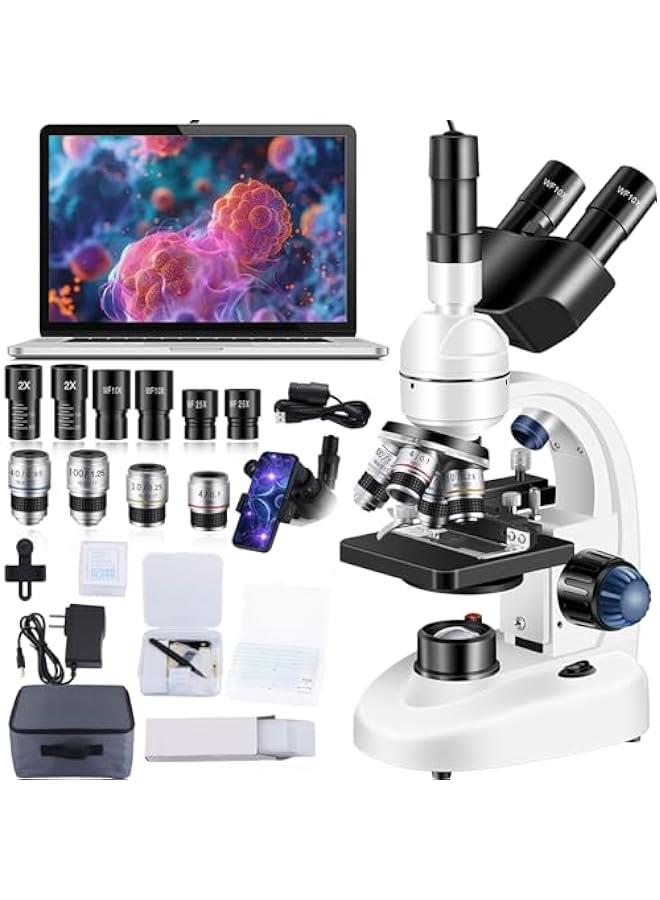 Arabest Adult Trinocular Microscope WF10x and WF25x Eyepieces 40X-5000X Magnification, Digital Lab Trinocular Compound LED Microscope (Trinocular Microscope with Electronic Eyepieces) - Image 1