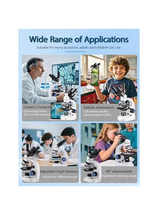 Arabest Adult Trinocular Microscope WF10x and WF25x Eyepieces 40X-5000X Magnification, Digital Lab Trinocular Compound LED Microscope (Trinocular Microscope with Electronic Eyepieces) - Image 3