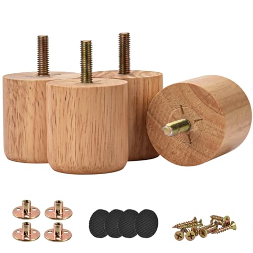 Btowin 2 inch Solid Wood Furniture Legs, 4Pcs Modern Round Wooden Bun Feet with Threaded 5/16'' Hanger Bolts & Mounting Plate & Screws for Sofa Couch Cabinet Bed - Image 1