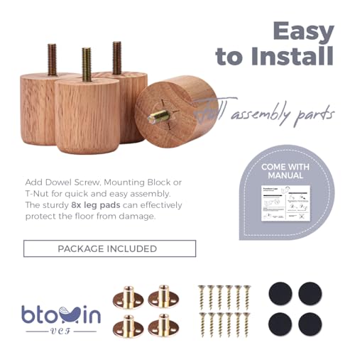 Btowin 2 inch Solid Wood Furniture Legs, 4Pcs Modern Round Wooden Bun Feet with Threaded 5/16'' Hanger Bolts & Mounting Plate & Screws for Sofa Couch Cabinet Bed - Image 4