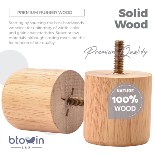 Btowin 2 inch Solid Wood Furniture Legs, 4Pcs Modern Round Wooden Bun Feet with Threaded 5/16'' Hanger Bolts & Mounting Plate & Screws for Sofa Couch Cabinet Bed - Image 2