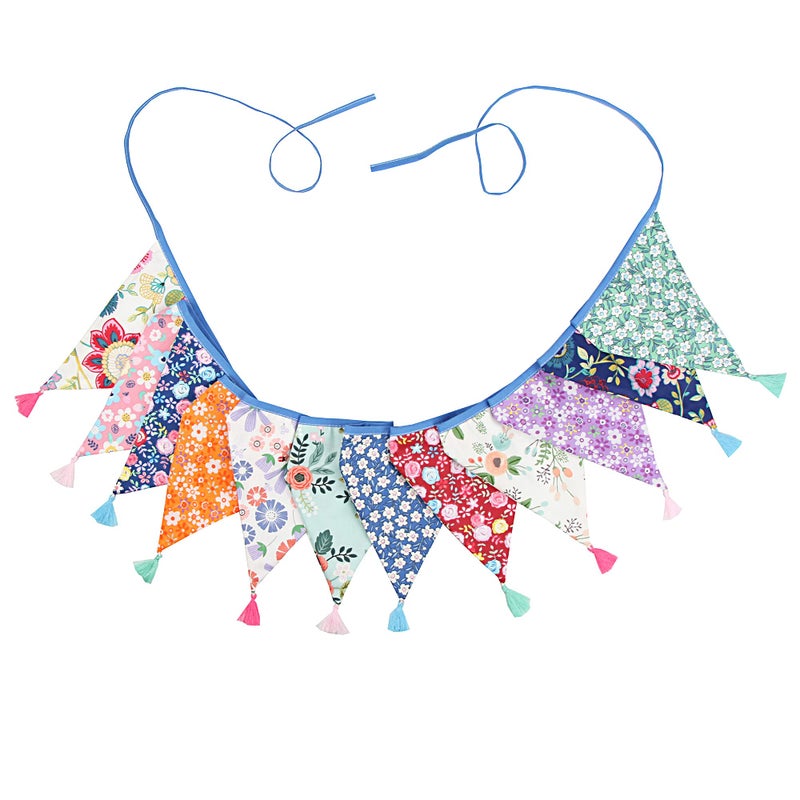G2PLUS Double Sided Fabric Bunting Banner, 3.3M Cotton Tassel Banner with 12 Triangle Pennants, Vintage Cloth Garlands Shabby Chic Decoration for Bedroom Home Garden Decoration - Image 2