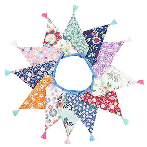 G2PLUS Double Sided Fabric Bunting Banner, 3.3M Cotton Tassel Banner with 12 Triangle Pennants, Vintage Cloth Garlands Shabby Chic Decoration for Bedroom Home Garden Decoration - Image 1