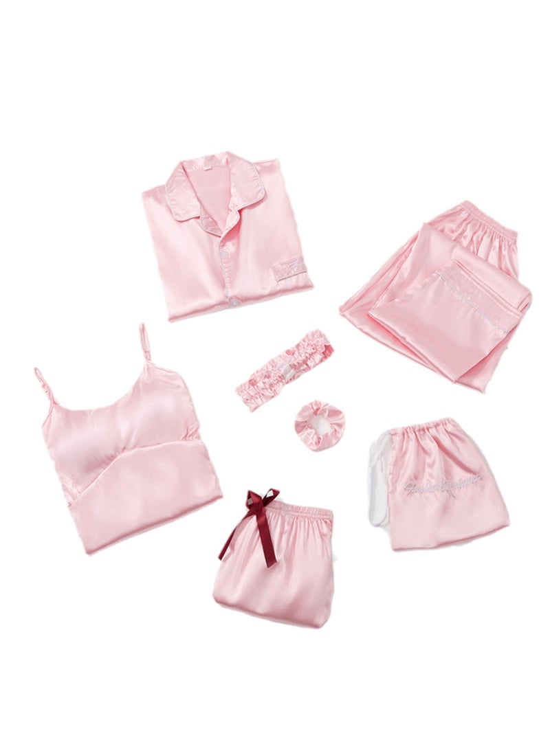 Generic - 7pcs pajamas set for women in all seasons imitation silk pajamas set - Image 1