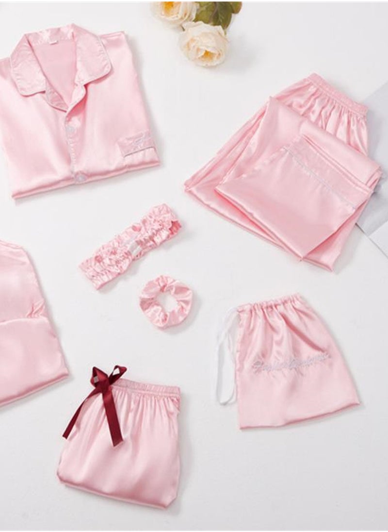 Generic - 7pcs pajamas set for women in all seasons imitation silk pajamas set - Image 1