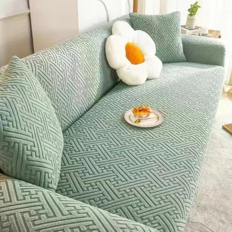 Lukzer غطاء أريكة جاكار عالمي 3 مقاعد من لوكزر مع 2 غطاء وسادة لمسة ناعمة مرنة (أخضر باهت شبكة متاهة/SC-107-03/180-230 سم) (220 غرام لكل متر مربع) - Image 3