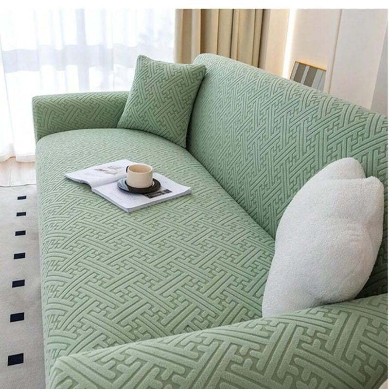 Lukzer غطاء أريكة جاكار عالمي 3 مقاعد من لوكزر مع 2 غطاء وسادة لمسة ناعمة مرنة (أخضر باهت شبكة متاهة/SC-107-03/180-230 سم) (220 غرام لكل متر مربع) - Image 4