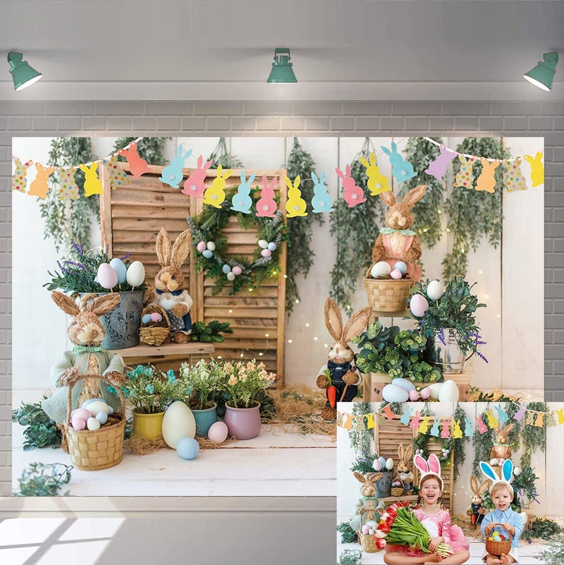 BUTEN Easter Photography Backdrop Egg Bunny Garden Flower Decoration Photo Background Birthday Party Supplies Newborn Baby Portrait Booth Props 7x5FT - Image 1