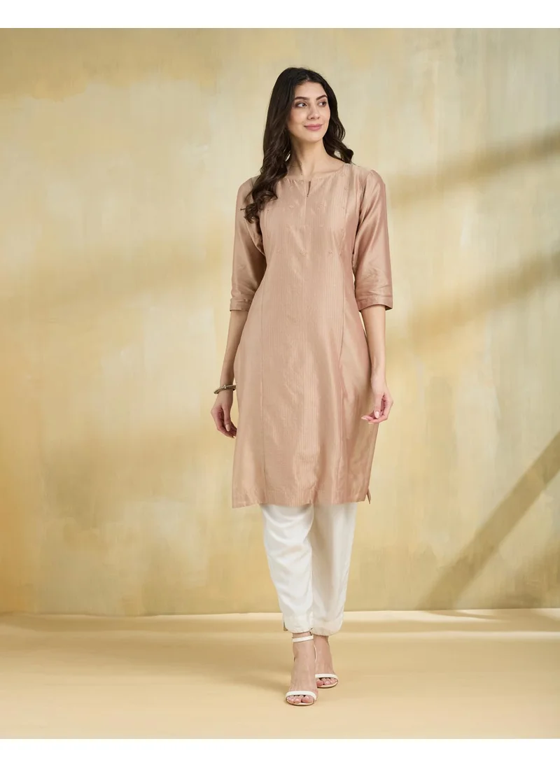 فاب انديا Beige Cotton Silk Embroidered Long Kurta