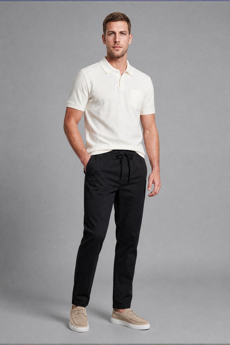 DeFacto Black Man Linen Blend Elastic Waist Regular Fit Black Trousers Casual - Image 1