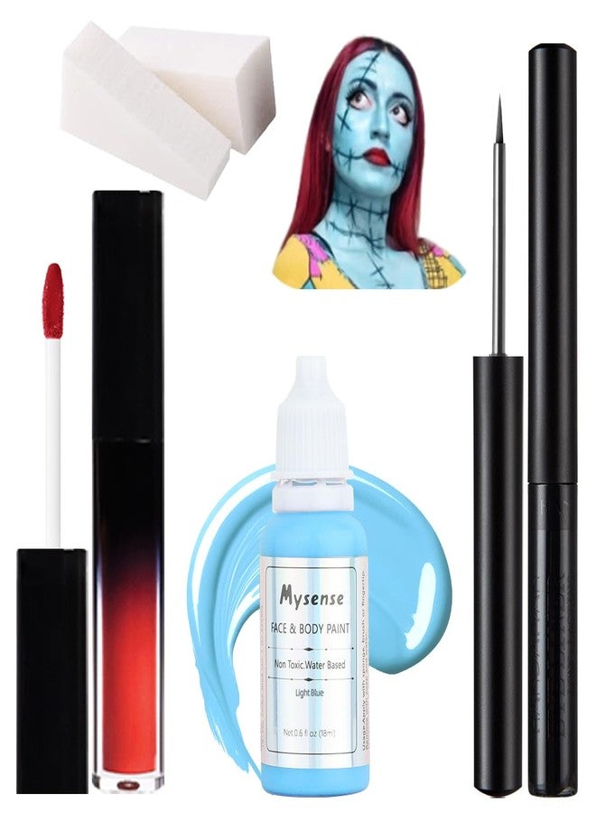 Mysense Sally Makeup Kit,Halloween Sally Costume Corpse Bride Makeup,Sally Face Cosplay Accessories for Women Girls Kids,Light Blue Face Paint+Red Lipstick+Black Liquid Eyeliner+Sponges - Image 1