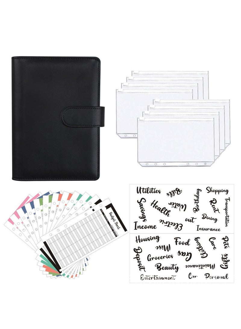DPTER A6 Pu Leather Budget Binder,Cash Envelopes for Budgeting,Budget Planner Include Budget Wallet, 8 pcs Budget Binder with Zipper Envelopes, 12 pcs Budget Sheets, 2 pcs Budget Binder Stickers(Black) - Image 1