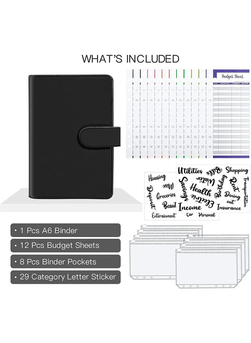 DPTER A6 Pu Leather Budget Binder,Cash Envelopes for Budgeting,Budget Planner Include Budget Wallet, 8 pcs Budget Binder with Zipper Envelopes, 12 pcs Budget Sheets, 2 pcs Budget Binder Stickers(Black) - Image 2
