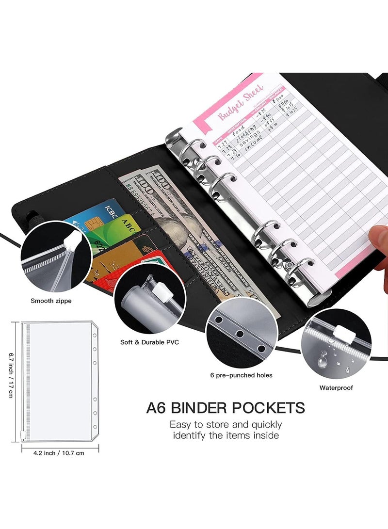 DPTER A6 Pu Leather Budget Binder,Cash Envelopes for Budgeting,Budget Planner Include Budget Wallet, 8 pcs Budget Binder with Zipper Envelopes, 12 pcs Budget Sheets, 2 pcs Budget Binder Stickers(Black) - Image 4