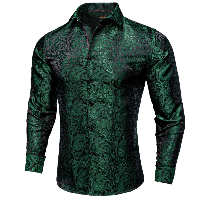 DiBanGu Mens Silk Paisley Dress Shirts,Long Sleeve Button Down Shirt Casual Regular Fit Shirt for Men Wedding Party, Emerald Green, X-Large - Image 2