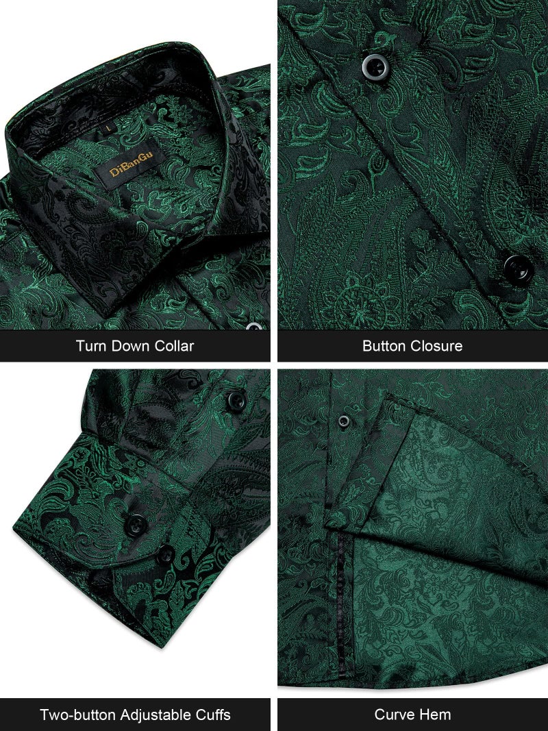 DiBanGu Mens Silk Paisley Dress Shirts,Long Sleeve Button Down Shirt Casual Regular Fit Shirt for Men Wedding Party, Emerald Green, X-Large - Image 4