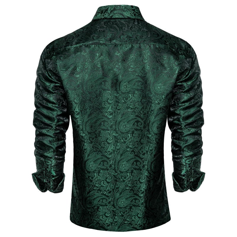 DiBanGu Mens Silk Paisley Dress Shirts,Long Sleeve Button Down Shirt Casual Regular Fit Shirt for Men Wedding Party, Emerald Green, X-Large - Image 3