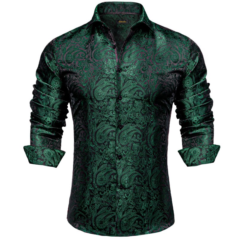 DiBanGu Mens Silk Paisley Dress Shirts,Long Sleeve Button Down Shirt Casual Regular Fit Shirt for Men Wedding Party, Emerald Green, X-Large - Image 1