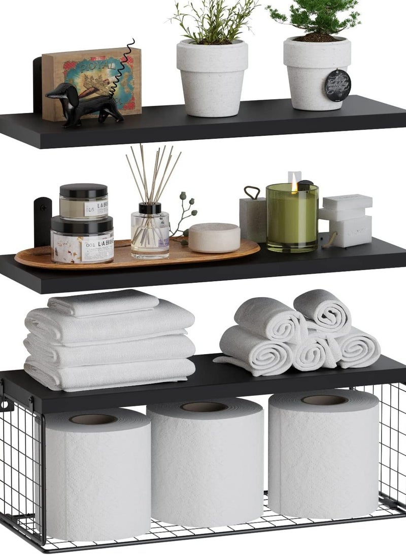 ميكسد رفوف الحمام فوق المرحاض مع سلة التخزين ، رفوف جدار الحمام العائمة لتنظيم المنزل وديكور الجدار ، رفوف الحمام / المطبخ / غرفة المعيشة ، الخشب الطبيعي (الأسود) - Image 1