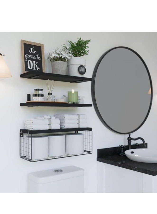 ميكسد رفوف الحمام فوق المرحاض مع سلة التخزين ، رفوف جدار الحمام العائمة لتنظيم المنزل وديكور الجدار ، رفوف الحمام / المطبخ / غرفة المعيشة ، الخشب الطبيعي (الأسود) - Image 2