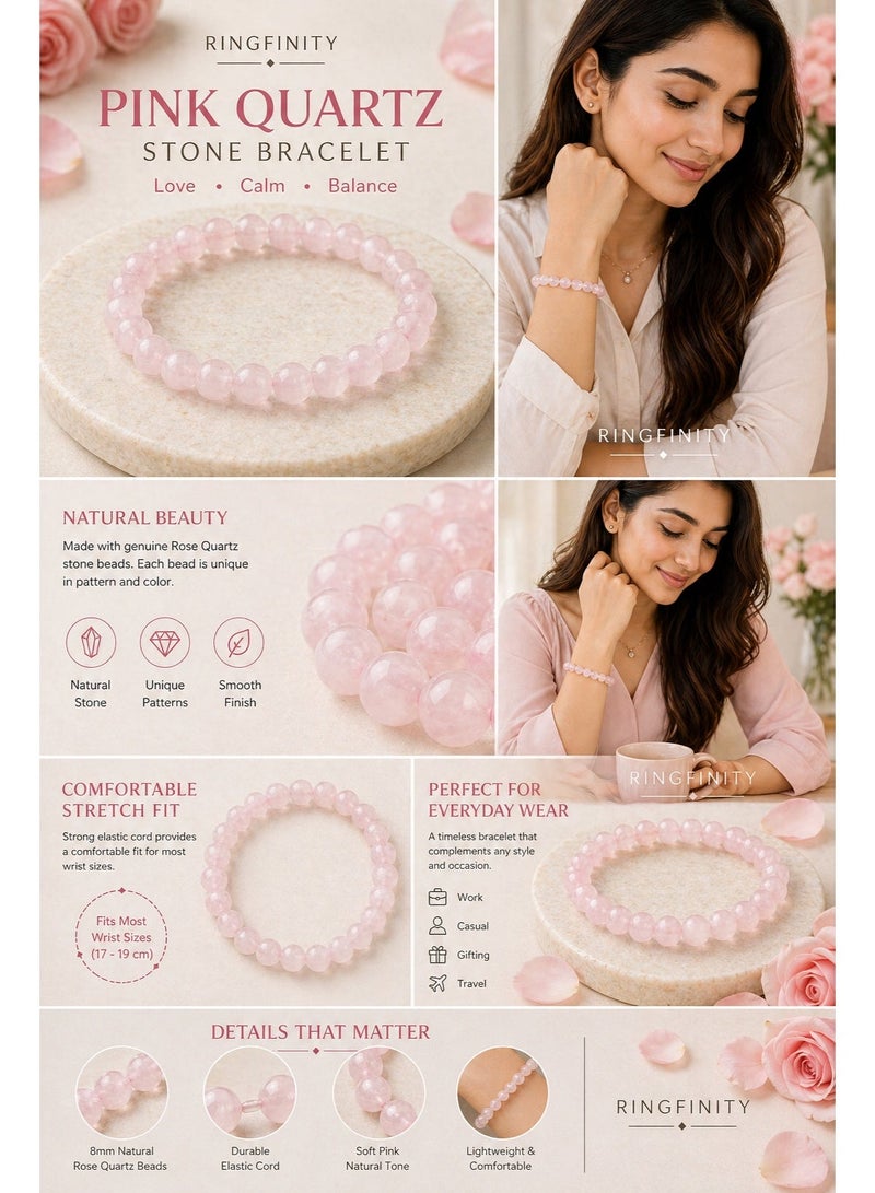 Ringfinity Pink Quartz Bracelet for Women 8mm – Natural Rose Quartz Stone Beaded Stretch Bracelet – Elegant Daily Wear Jewelry - Image 3