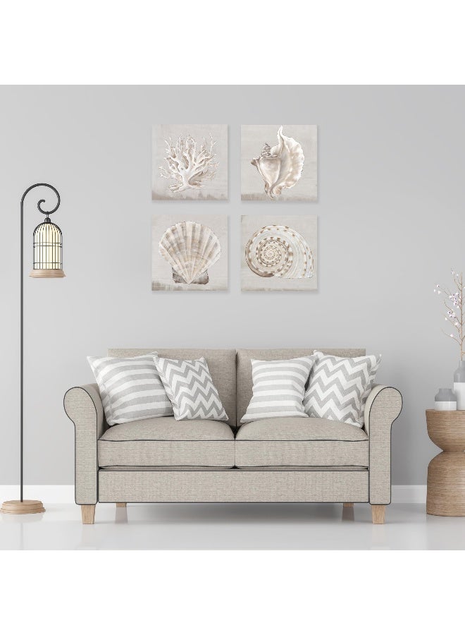 JAPO ART White Sea Shells Pictures Coastal Beach Canvas Wall Art Picture Vintage Seashell Giclee Print on Canvas Stretched for Living Room Bedroom Wall (White shells Eva Watts, 12x12Inchx4pcs) - Image 3