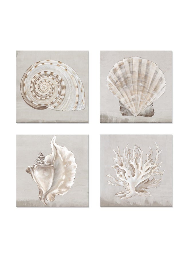 JAPO ART White Sea Shells Pictures Coastal Beach Canvas Wall Art Picture Vintage Seashell Giclee Print on Canvas Stretched for Living Room Bedroom Wall (White shells Eva Watts, 12x12Inchx4pcs) - Image 1