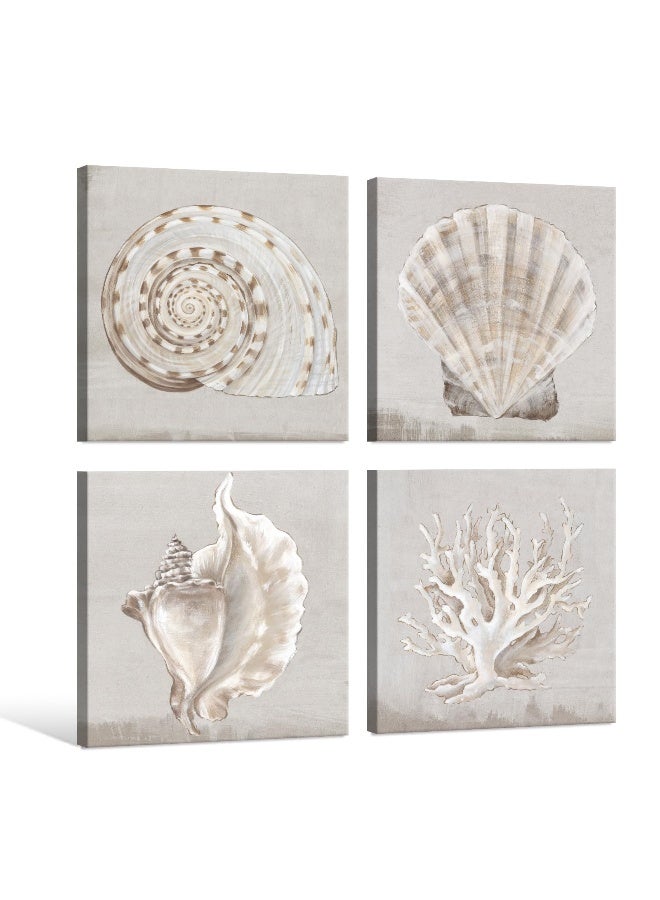 JAPO ART White Sea Shells Pictures Coastal Beach Canvas Wall Art Picture Vintage Seashell Giclee Print on Canvas Stretched for Living Room Bedroom Wall (White shells Eva Watts, 12x12Inchx4pcs) - Image 2