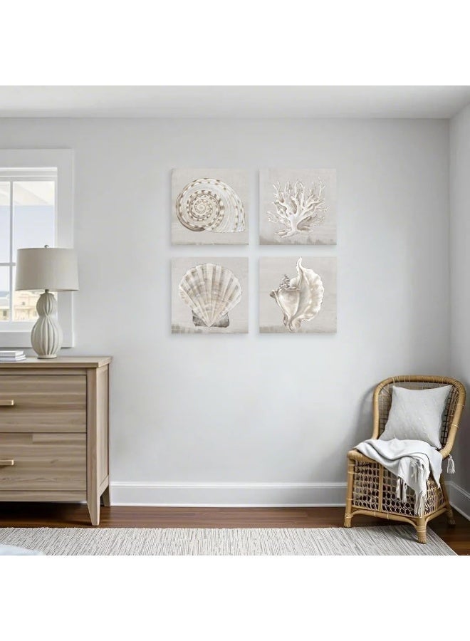 JAPO ART White Sea Shells Pictures Coastal Beach Canvas Wall Art Picture Vintage Seashell Giclee Print on Canvas Stretched for Living Room Bedroom Wall (White shells Eva Watts, 12x12Inchx4pcs) - Image 4