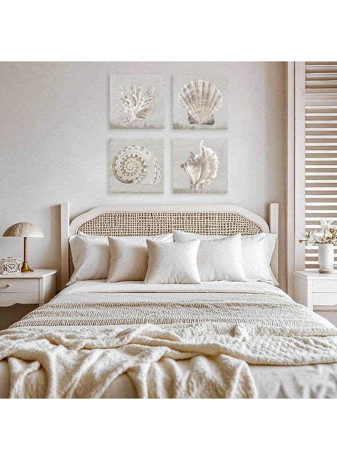 JAPO ART White Sea Shells Pictures Coastal Beach Canvas Wall Art Picture Vintage Seashell Giclee Print on Canvas Stretched for Living Room Bedroom Wall (White shells Eva Watts, 12x12Inchx4pcs) - Image 5