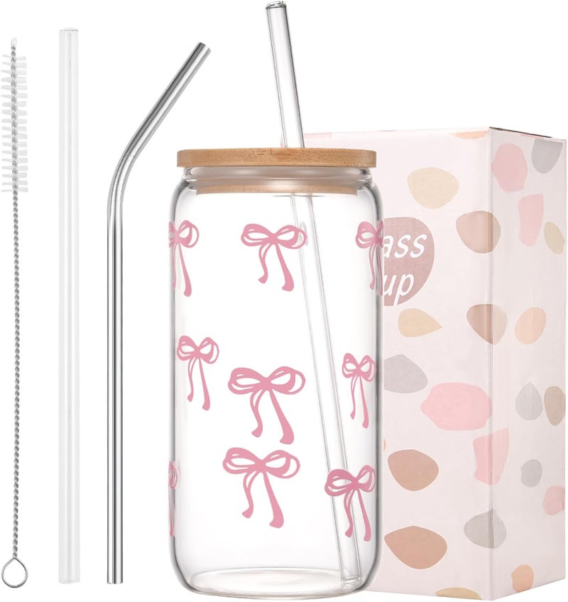 ANABIUP Coquette Cute Pink Bow Glass Cups with Lids and Straws, Aesthetic Iced Coffee Cup, Girly Preppy Design Tumbler Mug for Teen Girls Women Girlfriends Gifts - Image 1