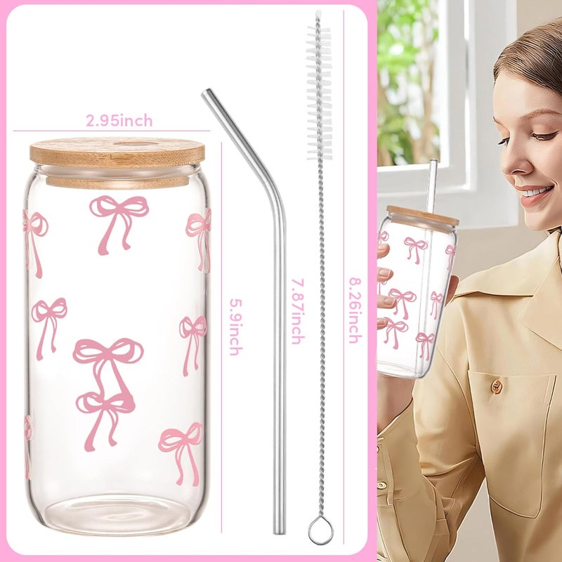 ANABIUP Coquette Cute Pink Bow Glass Cups with Lids and Straws, Aesthetic Iced Coffee Cup, Girly Preppy Design Tumbler Mug for Teen Girls Women Girlfriends Gifts - Image 4