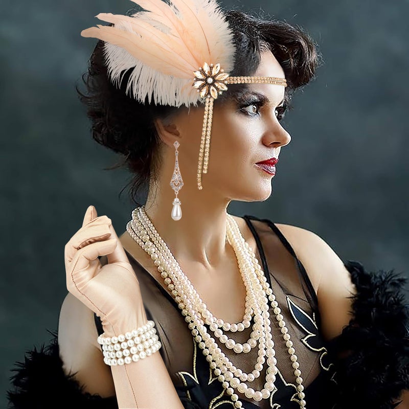 DRESHOW إكسسوارات دريشو 1920 لعصر غاتسبي العظيم للنساء طاقية فلابر، رباط رأس، قفازات، مجموعة إكسسوارات ليالي هارلم - Image 3