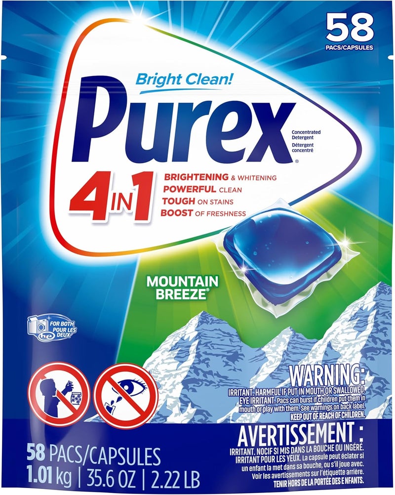 Purex 4-in-1 laundry detergent pacs, mountain breeze, 58 Count - Image 1