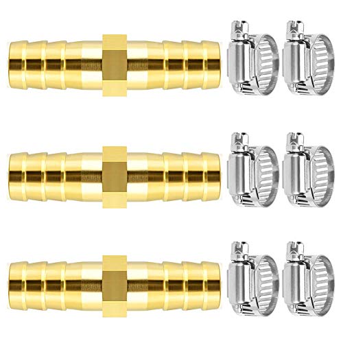 Da by 3 pcs 3/8"(10mm) Barb Splicer Mender Hose Brass Barb Fitting with 6 pcs Stainless Steel Pipe Clamps for Water/Fuel/Air - Image 1